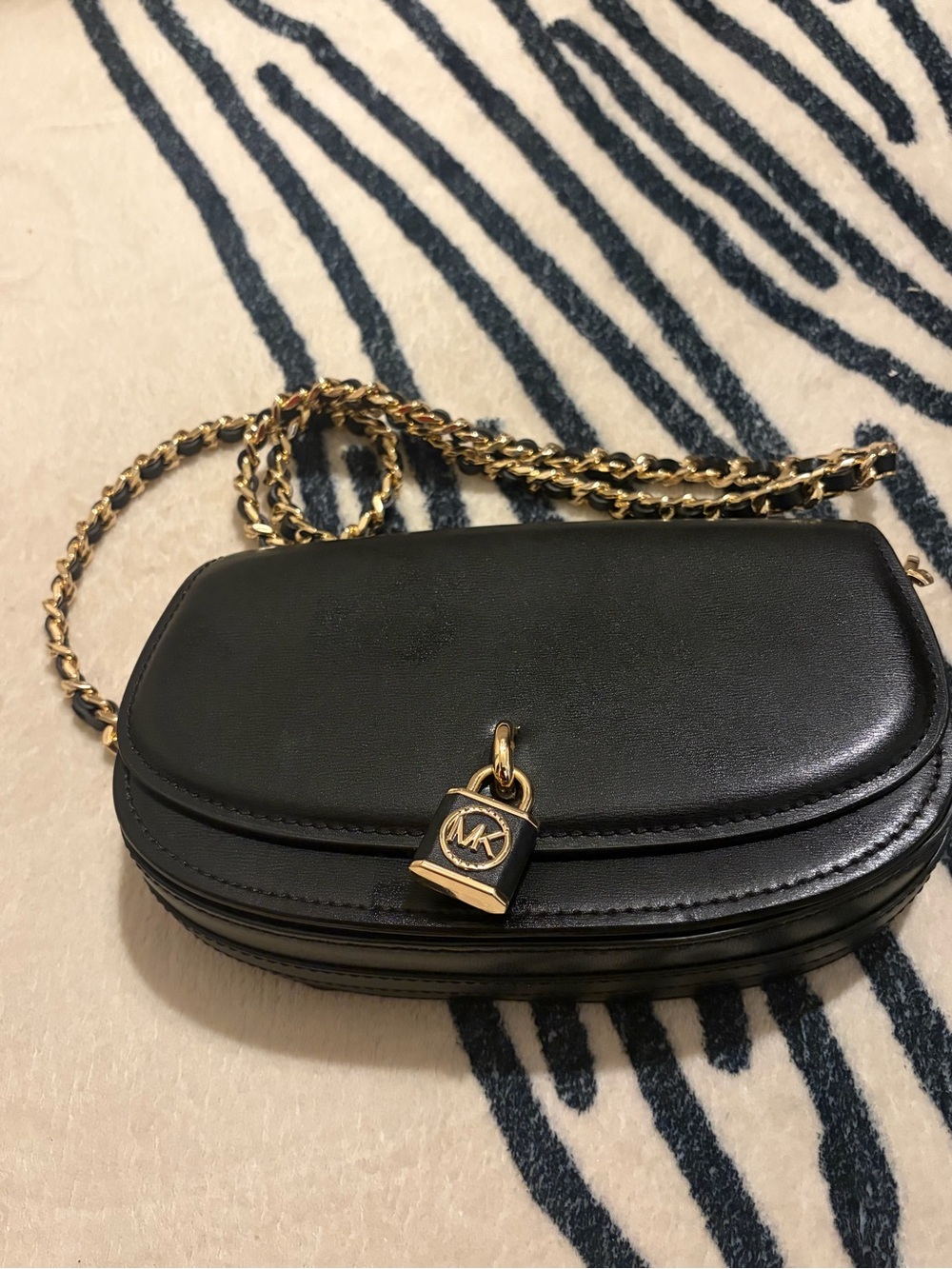 Michael Kors Black Leather Crossbody with Gold Chain and MK Charm
